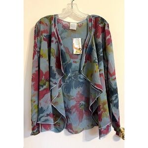 Blue Floral Open Blazer Ruffle Edges Casual Formal Top Jacket, Size L